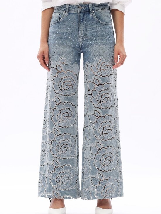 Bayeas Denim - Velvet Cut Out Rhinestone High Rise Wide Leg Jeans